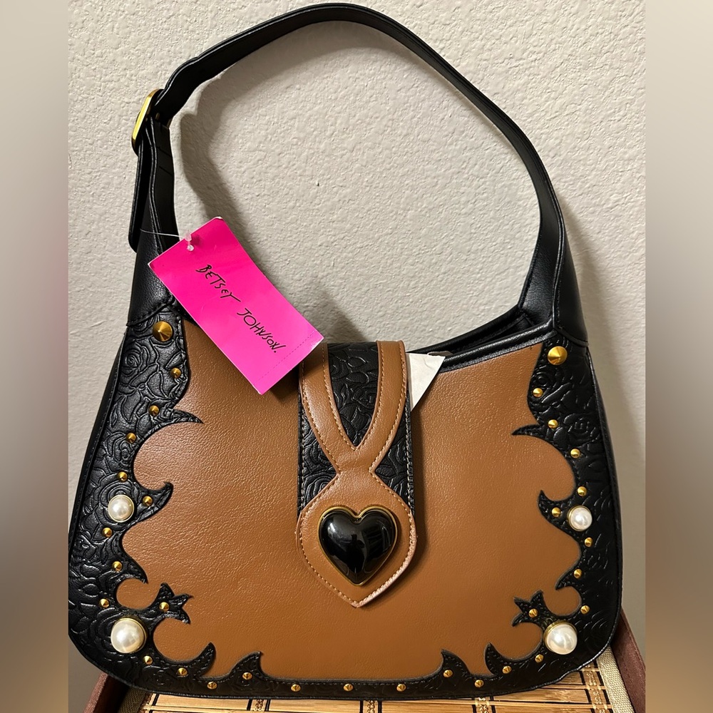 Betsey Johnson Black and Brown Heart Accent Shoulder Bag